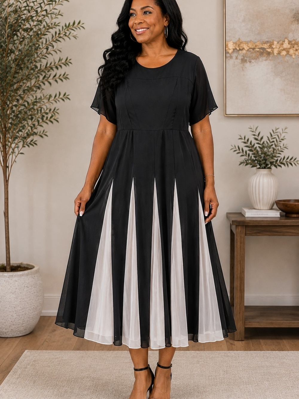 Elegant Black & White Midi Dress with Panelled Skirt